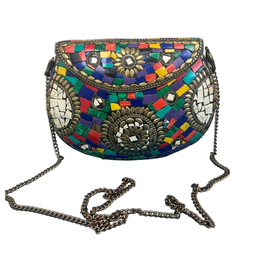 HANDMADE METAL BAG STONES, MOSAIC EVENING VINTAGE PURSE RARE